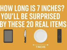Infographic with bold title “How Long Is 7 Inches? You’ll Be Surprised by These 20 Real Items” featuring illustrations of a tablet, chef’s knife, dinner plate, and TV remote with a 7-inch measurement arrow.