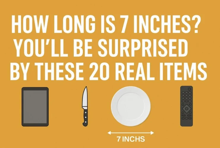 Infographic with bold title “How Long Is 7 Inches? You’ll Be Surprised by These 20 Real Items” featuring illustrations of a tablet, chef’s knife, dinner plate, and TV remote with a 7-inch measurement arrow.