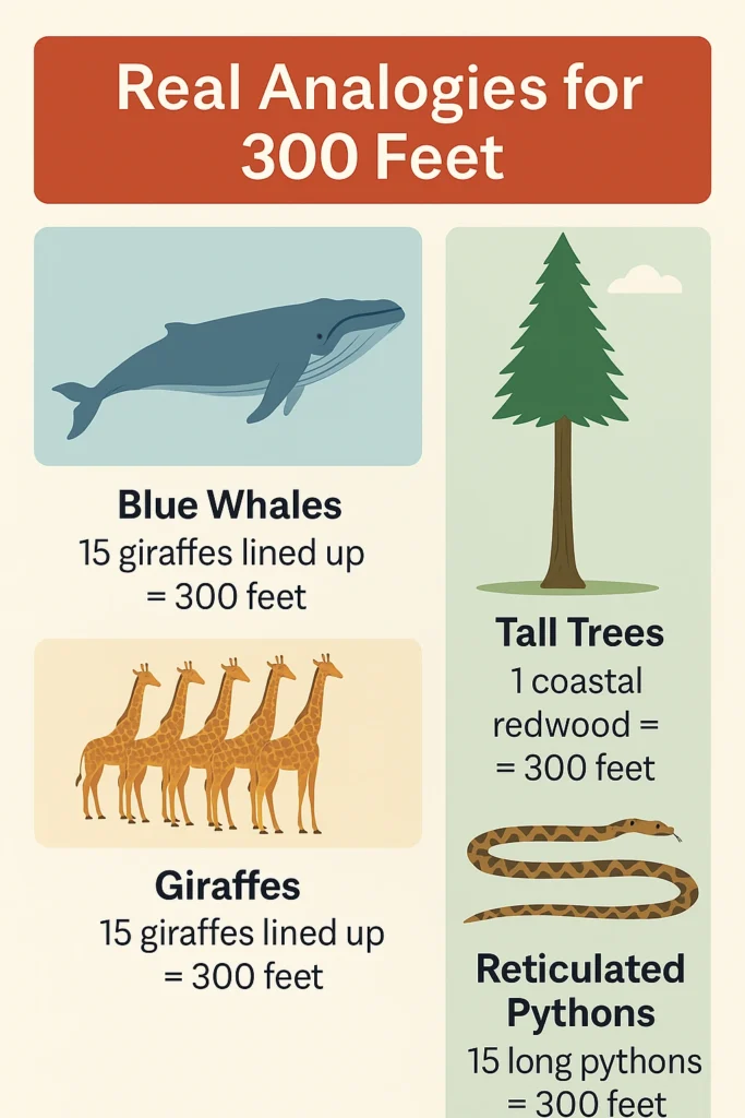 4 Nature objects that are 300 feet big or long - Blue Whales End to End - Giraffes in a Line - Pythons on the Ground and Tall Trees in the Wild
