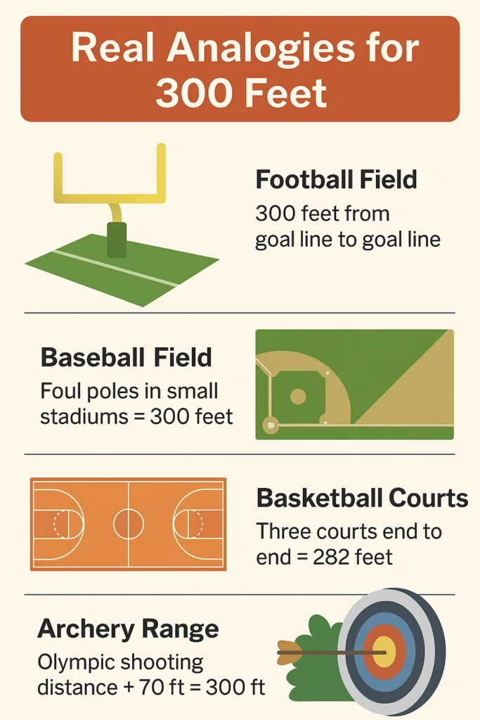 4 Objects that how Far 300 Feet on the Field - Football Field Without End Zones - Baseball Field Dimensions - Basketball Courts End to End and Archery Target Range