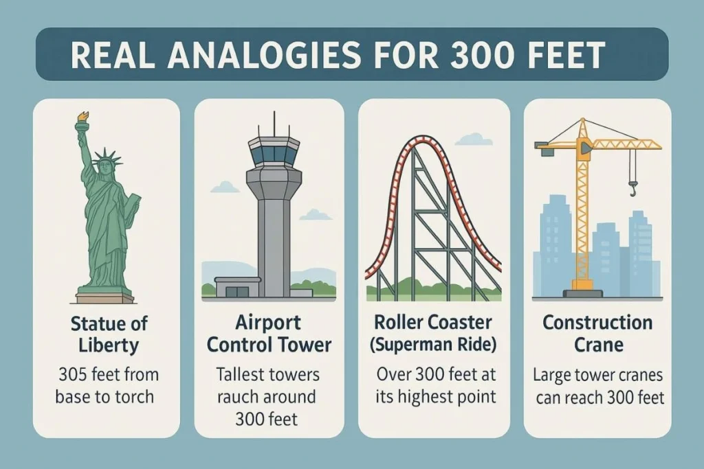 4 Objects that look 300 feet Tall From the Ground Up - Statue of Liberty - Airport Control Towers - Roller Coasters and Construction Cranes