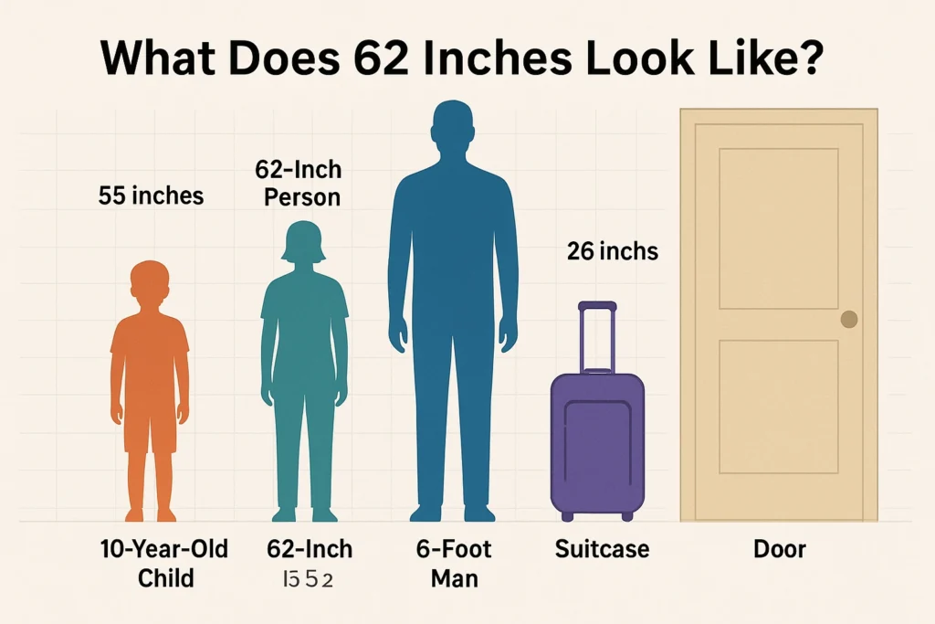 A clean 2D digital illustration showing five labeled silhouettes standing side by side on the same ground line showing What Does 62 Inches Look Like