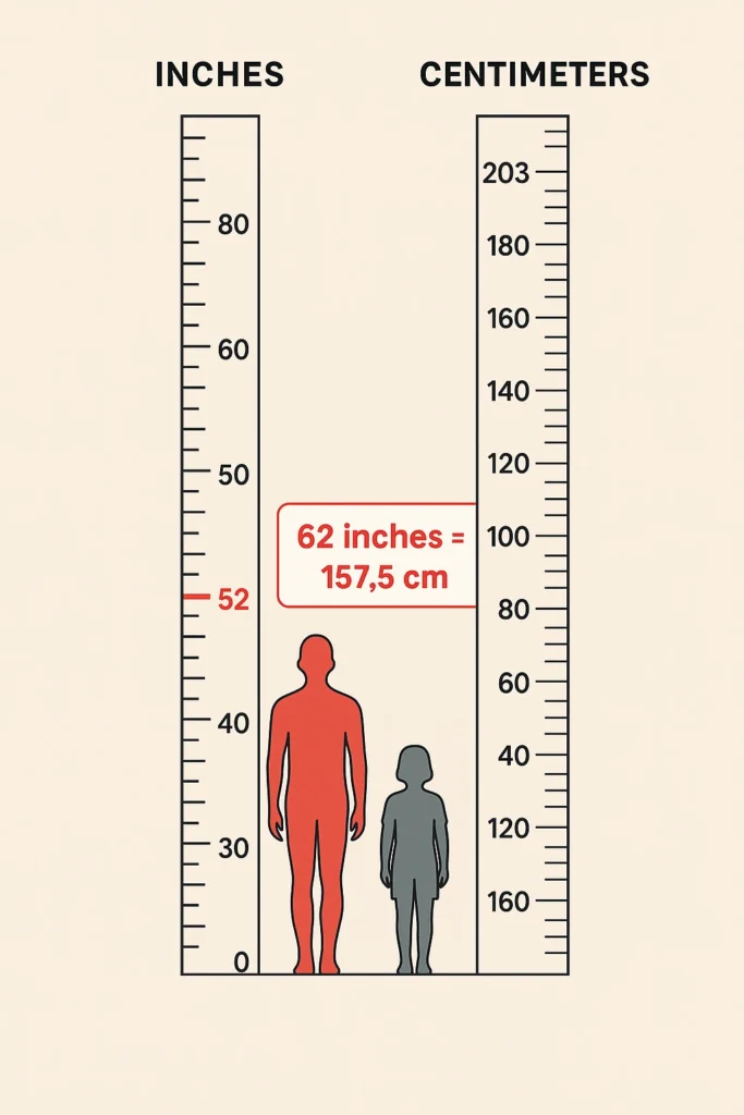 A clean 2D side-by-side vertical ruler chart. The left ruler is labeled in inches (0–80), and the right ruler is labeled in centimeters (0–203). The 62-inch mark is highlighted in red on both rulers, with a floating label that reads: “62 inches = 157.5 cm.